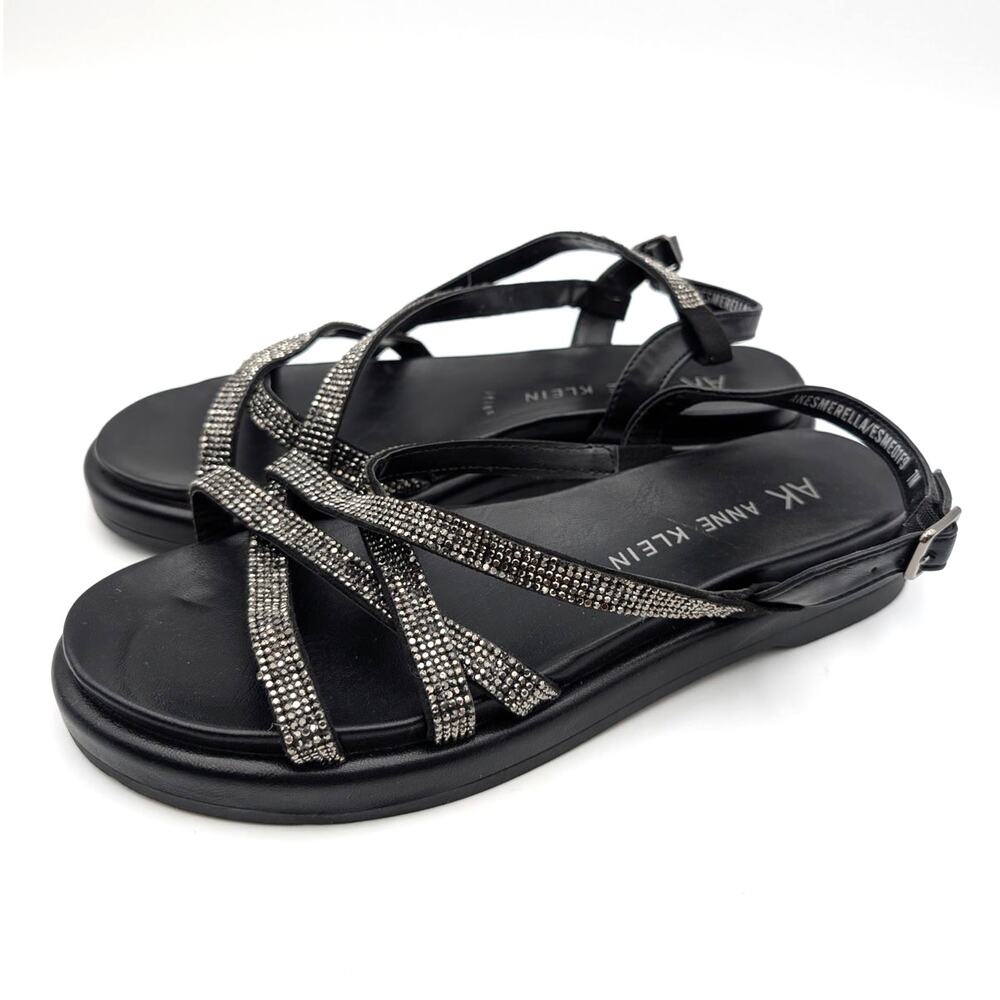 Anne Klein Esmeralda Strappy Sandals Rhinestones Women's Black Size US7M EU37.5